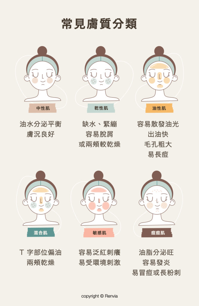 肌膚分類示意圖（中性、乾性、油性、混合、敏感、易長痘）