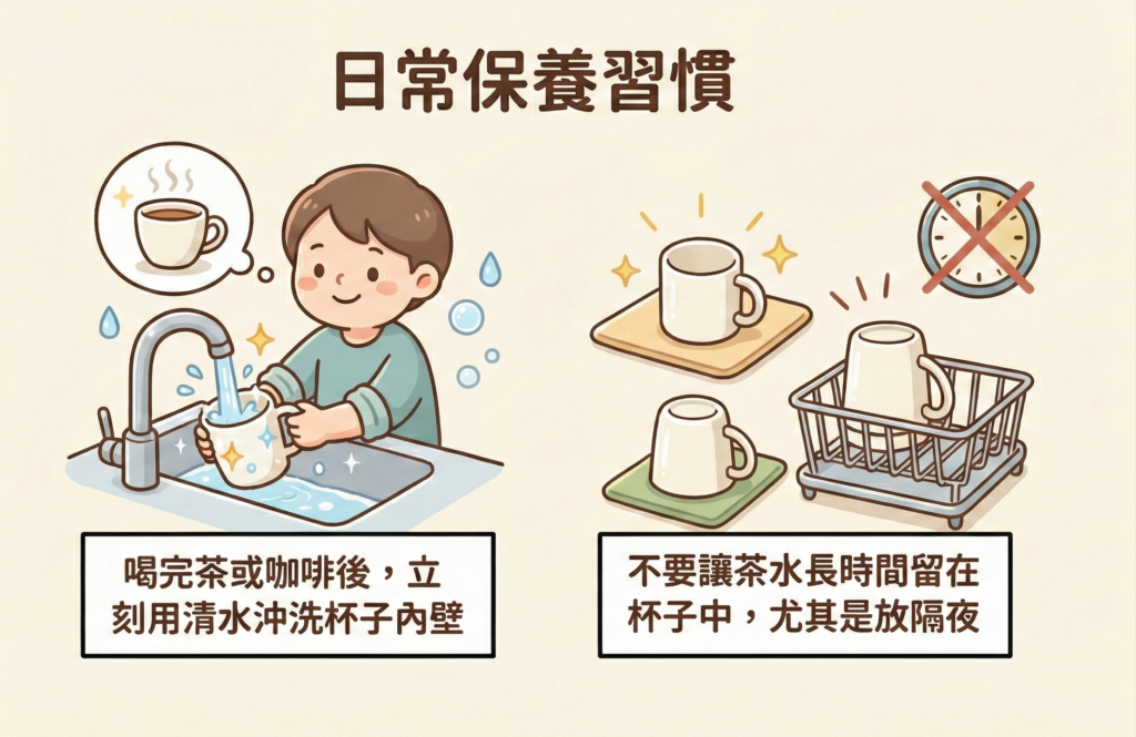 日常保養習慣示意圖，喝完茶或咖啡後立刻沖洗杯子內壁，避免茶水隔夜形成茶垢