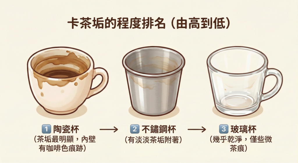 不同杯子材質卡茶垢的程度比較，由高到低依序為陶瓷、不鏽鋼、玻璃