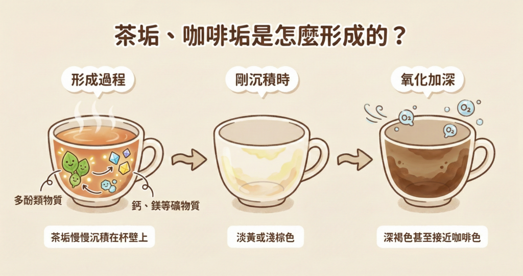 茶垢、咖啡垢形成示意圖，說明多酚與礦物質沉積後產生茶垢，經氧化逐漸變深的過程