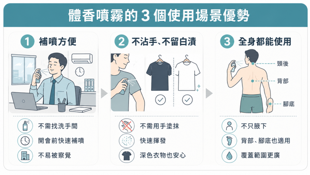 體香噴霧的 3 大使用場景優勢：便利補噴、不沾手且不留白漬、全身皆可適用。