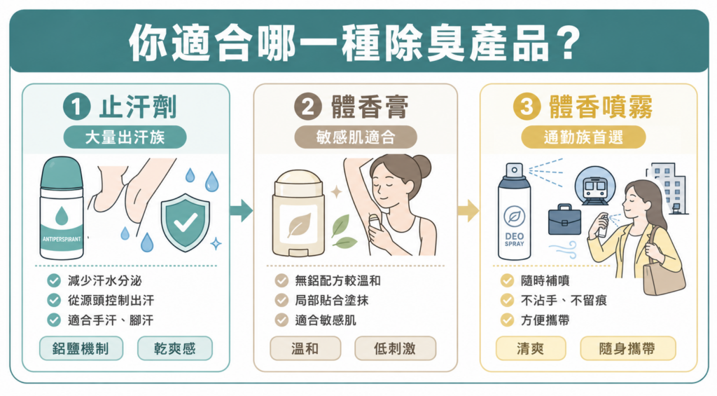 三種產品比較：止汗劑適合大量出汗族、體香膏適合敏感肌、體香噴霧適合通勤族。